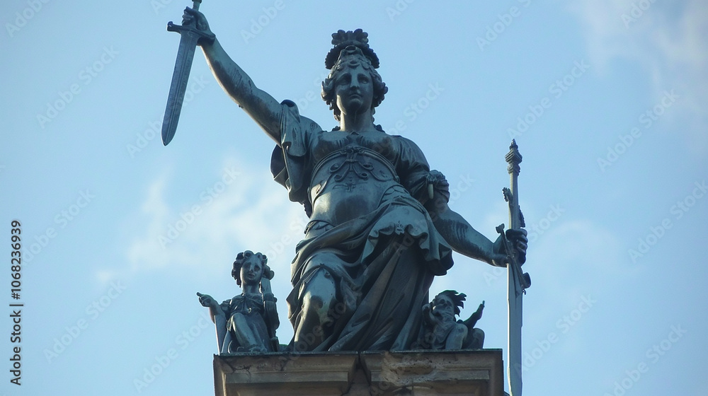 A bronze statue of a female figure holding a sword stands atop a building, with two cherubs at her feet A bronze statue of a female figure holding a sword stands atop a building, with two cherubs at her feet