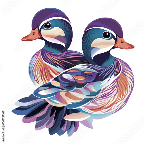 Two ducks on a white background. Vector illustration in a flat style. 