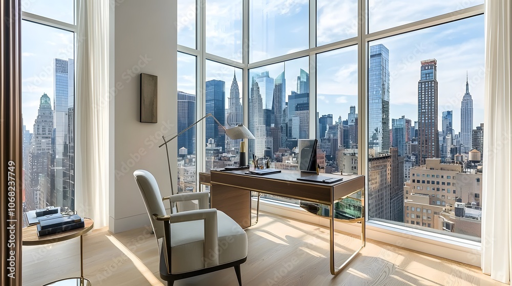 A stylish, contemporary office with a large desk positioned near a window with city views, flooded with natural light. A stylish, contemporary office with a large desk positioned near a window with city views, flooded with natural light.