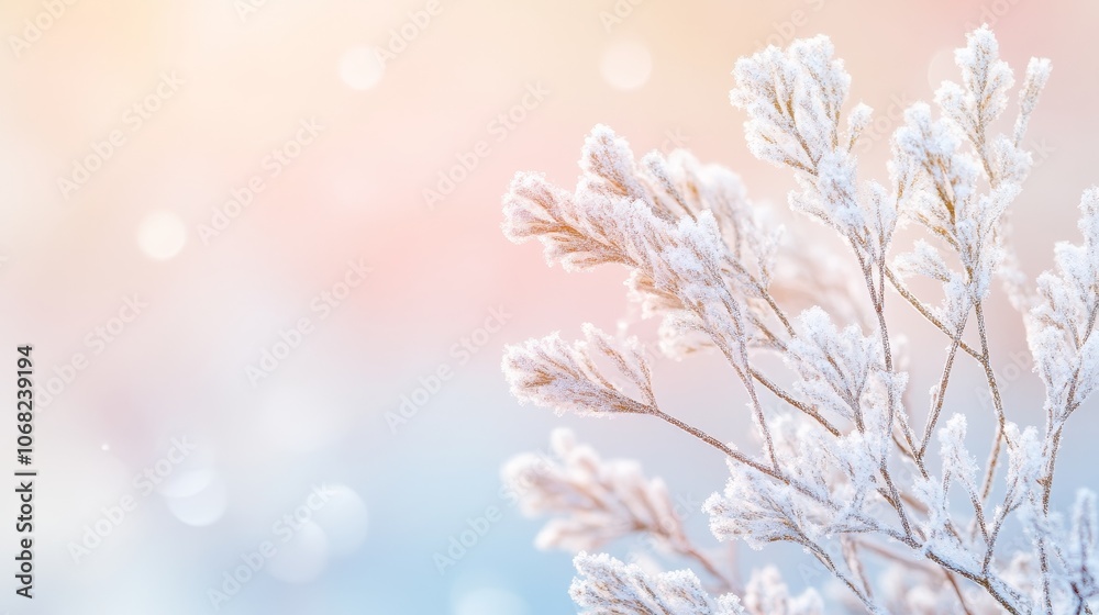 Frost-covered branches against a soft, pastel background, evoking a serene winter atmosphere. Frost-covered branches against a soft, pastel background, evoking a serene winter atmosphere.
