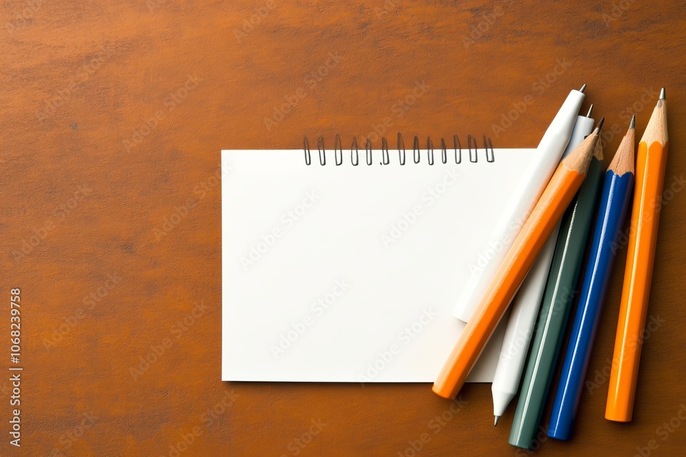 Blank notebook with colorful pencils on wooden table. Blank notebook with colorful pencils on wooden table.