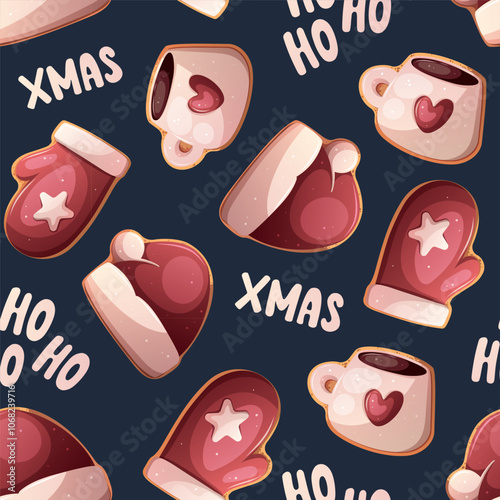 Seamless pattern with gingerbread cookies in the form of Santa hat, mittens and cup. Christmas and New Year greeting. Vector illustration.