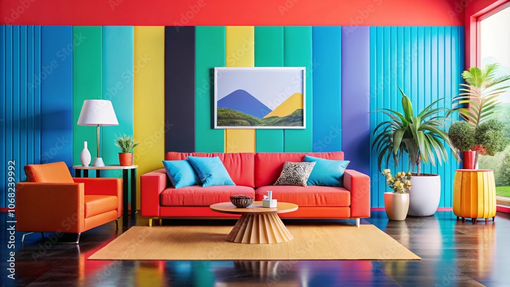 Colorful living room with red sofa, armchair, coffee table and plants. Colorful living room with red sofa, armchair, coffee table and plants.