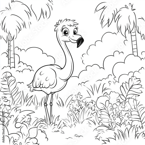 coloring page for cute flamingo cartoon isolate style only contours black and white picture simple detail. photo