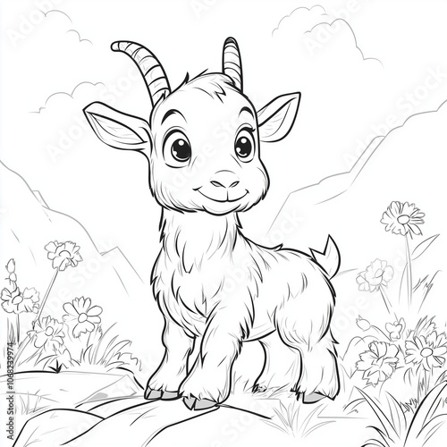 coloring page for cute goat cartoon isolate style only contours black and white picture simple detail.