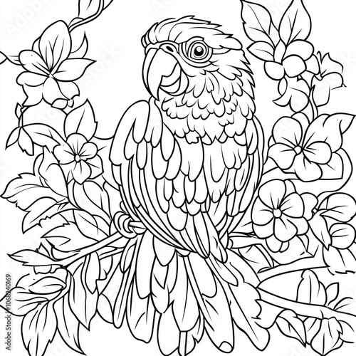 coloring page for cute macaw cartoon isolate style only contours black and white picture simple detail.