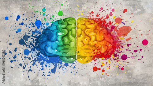 A colorful human brain with paint splatters on a gray background, symbolizing creativity and thinking.