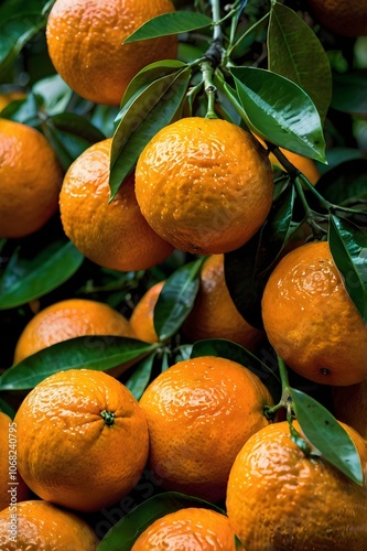 Orange trees with ripe fruits. Bloomy orange garden.