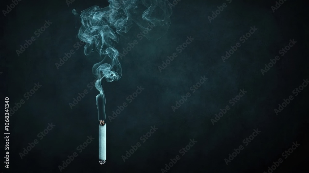 Captivating smoke swirls from a lit cigarette against a dark background creating an atmospheric visual experience Captivating smoke swirls from a lit cigarette against a dark background creating an atmospheric visual experience