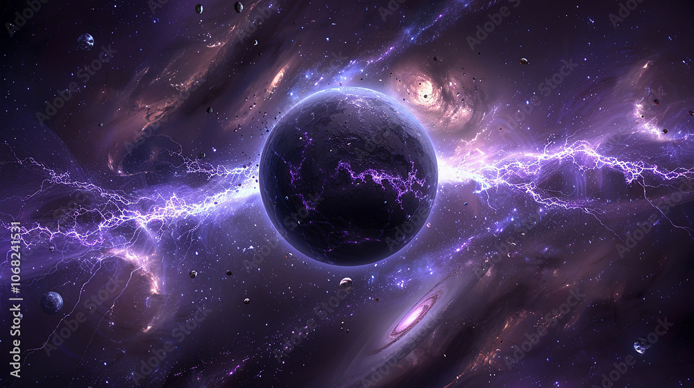 Obraz premium A dark planet with purple lightning strikes in a vibrant nebula.