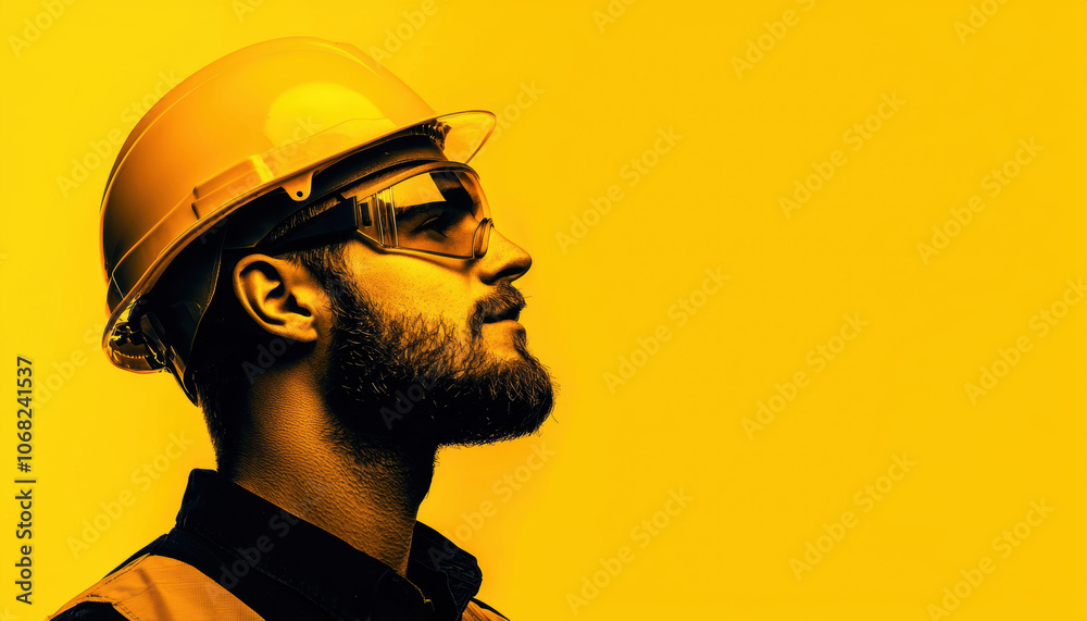 A profile view of a man wearing safety goggles and a hard hat against a bright yellow background, emphasizing construction safety and professionalism. A profile view of a man wearing safety goggles and a hard hat against a bright yellow background, emphasizing construction safety and professionalism.