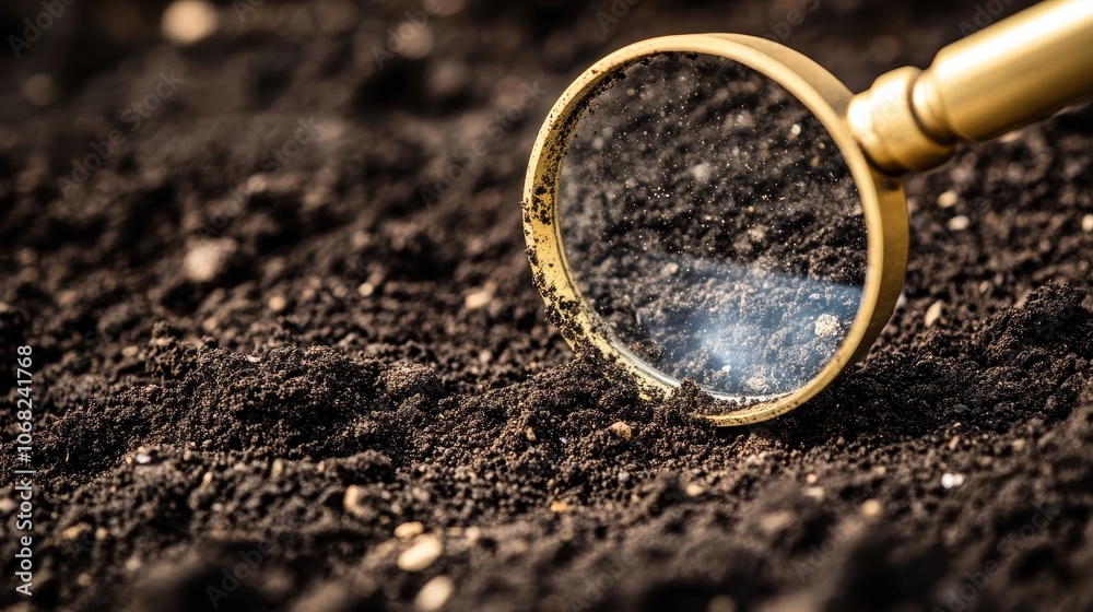 Magnifying Glass on Dark Soil Showing Fine Details