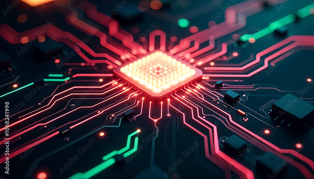 Fototapeta premium close-up view of circuit board with glowing orange blue lines technology background