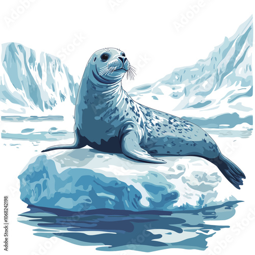 Vector illustration of a seal on a ice floe in the ocean 