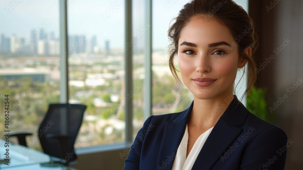 Confident woman in business suit with city skyline background, exuding professionalism and style. Her expression reflects determination and poise, ideal for corporate settings Confident woman in business suit with city skyline background, exuding professionalism and style. Her expression reflects determination and poise, ideal for corporate settings