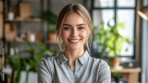 young woman smiling confidently in modern office environment, surrounded by greenery and natural light, exuding positive and professional vibe