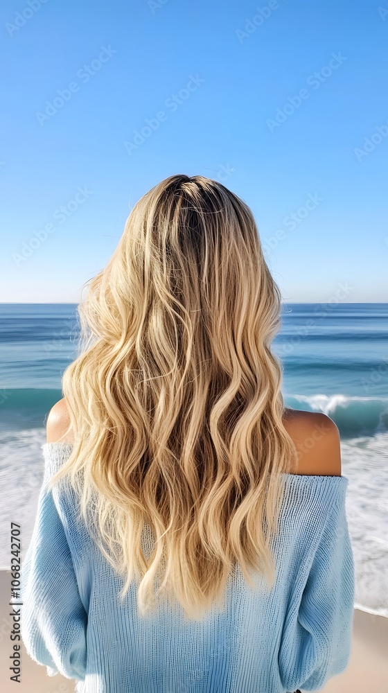 Woman enjoys ocean view with wavy hair Woman enjoys ocean view with wavy hair