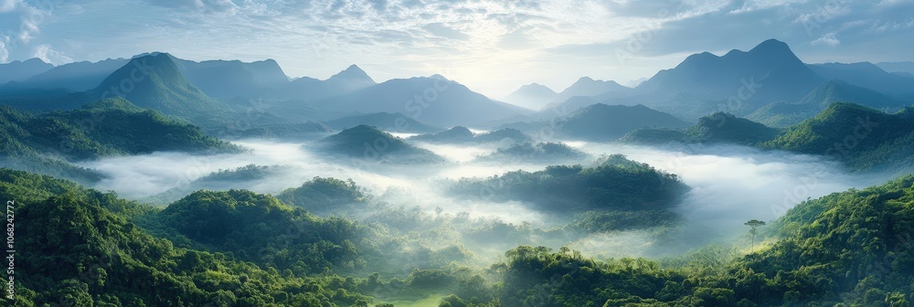 Fototapeta premium Serene Mountain Landscape with Morning Mist