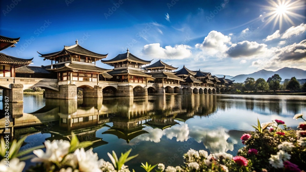 Obraz premium A traditional Chinese bridge with multiple arches spans a calm river, reflecting the clear blue sky and fluffy clouds. Flowers bloom in the foreground, adding a vibrant touch.