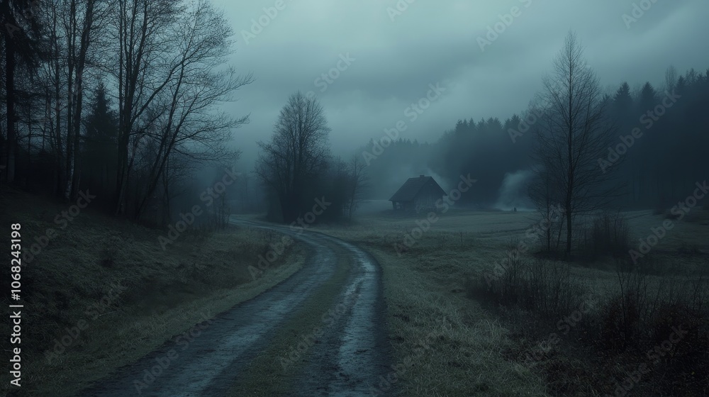 A misty, serene landscape featuring a winding path leading to a secluded house amidst tree. A misty, serene landscape featuring a winding path leading to a secluded house amidst tree.