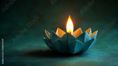 A single origami candle with a flame, carefully arranged on a dark green background, with intricate folds highlighted by diffused lighting for a peaceful, warm look. --ar 16:9 photo