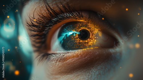 Close up of eye with glowing iris. Concept of face id and artificial intelligence. photo