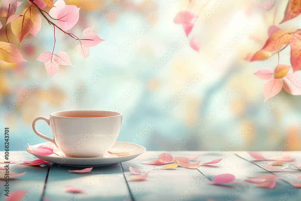 A cup of tea on a table with copy space. Soft light. Blur tea leaves background. A cup of tea on a table with copy space. Soft light. Blur tea leaves background.