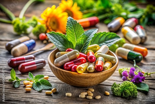 A Vibrant Collection of Colorful Dietary Supplements in Capsule Form on a Wooden Surface Surrounded by Fresh Green Leaves and Herbs for Natural Health and Wellness photo