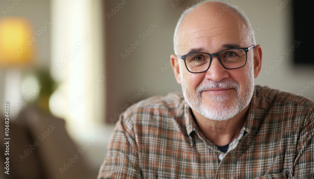 friendly, close up portrait of happy older man with glasses, showcasing warmth and approachability in cozy indoor setting