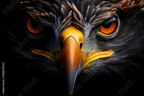closeup eyes of eagle on dark background