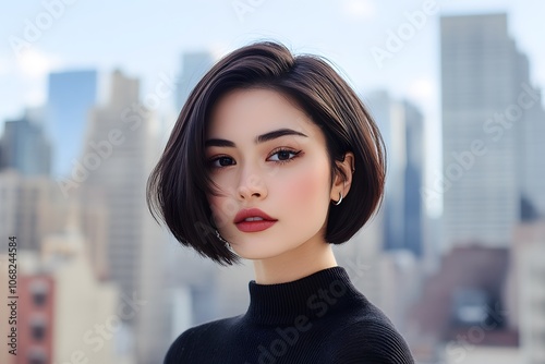 Young woman showcases chic bob haircut