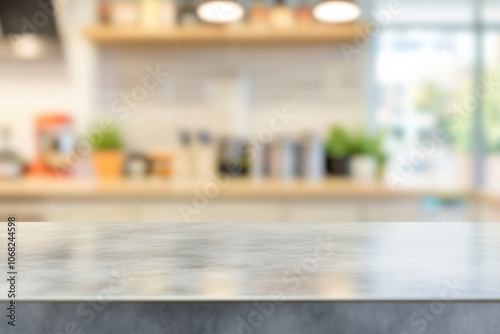 modern kitchen countertop with blurred background, showcasing stylish and functional space filled with various kitchen items and plants. atmosphere is inviting and contemporary