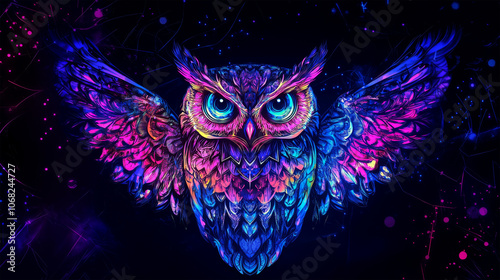 owl neon light on black background photo