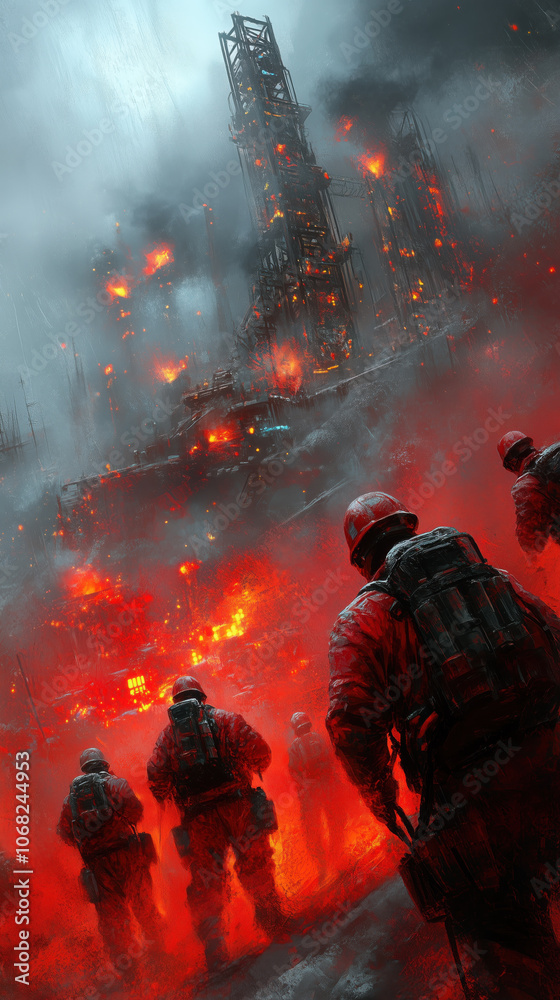 Fototapeta premium High energy scene depicting oil workers amidst fiery drilling rig explosion
