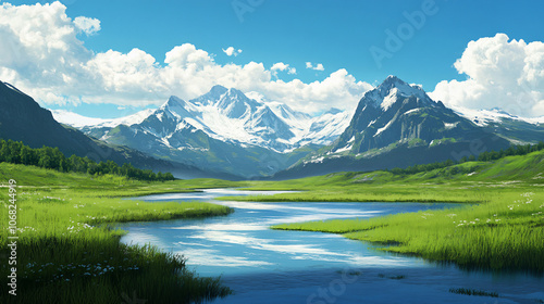 A stunning landscape showcases majestic mountains reflecting in a clear river under a bright blue sky, illustrating the beauty of nature and outdoor exploration for landscape photography.