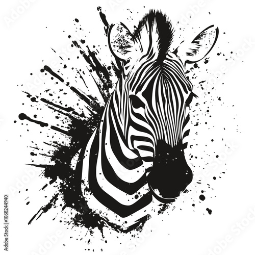 Zebra head with grunge splashes on white background. Vector illustration 