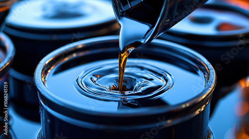 Crude oil flowing from container, showcasing its rich texture and color photo