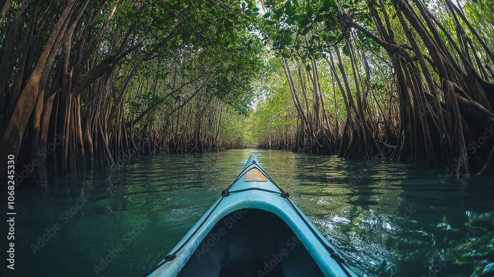 Fototapeta premium Kayaking Through a Mangrove Forest Tunnel with Lush Greenery and Calm Waters.