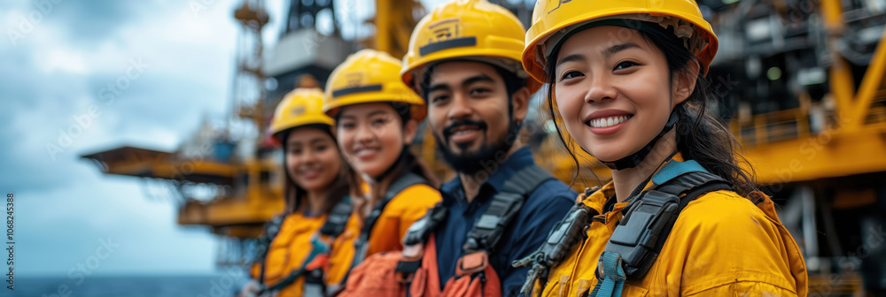 Inspiring photo showcasing diverse engineers on oil rig, smiling confidently Inspiring photo showcasing diverse engineers on oil rig, smiling confidently