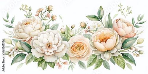 Horizontal Frame of Hand-Painted White, Beige, and Peach Peony Flowers and Leaves in Watercolor Style on a Crisp White Background for Elegant Floral Decor