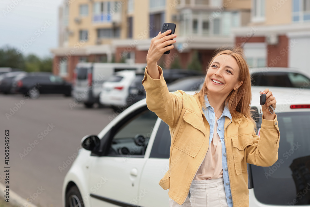 Mature woman with key taking selfie near car on city street Mature woman with key taking selfie near car on city street
