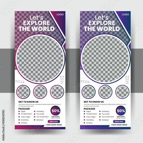  Modern travel business standee rollup banner design vector template. Standard roll up x-banner, holiday x-stand banner. Company tours vacation exhibition standee design banner.