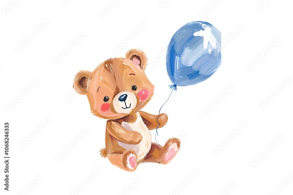 Watercolor illustration of a cute teddy bear holding a blue balloon floating in the air. white background