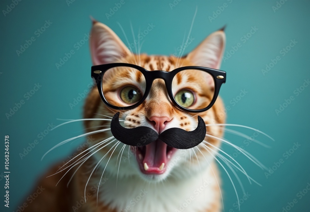 Playful orange cat wearing glasses and a fake mustache against a teal background Playful orange cat wearing glasses and a fake mustache against a teal background