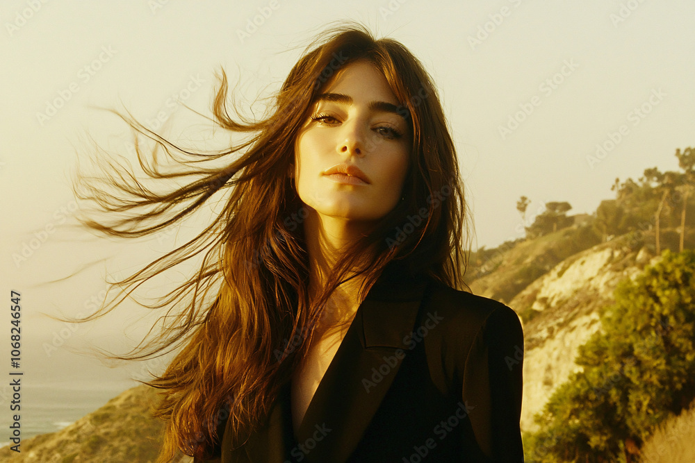 a woman standing in a serene natural setting, soft wind blowing through her hair, a woman standing in a serene natural setting, soft wind blowing through her hair,