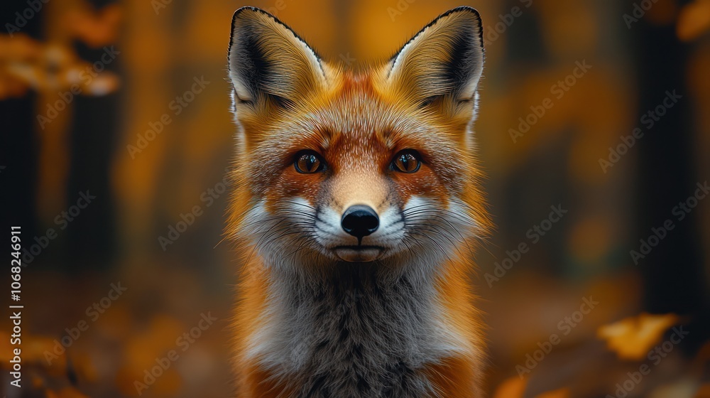 A red fox with piercing eyes stares intently at the camera, its fur blending seamlessly with the warm autumn foliage. A red fox with piercing eyes stares intently at the camera, its fur blending seamlessly with the warm autumn foliage.