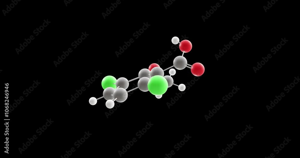 Dicamba molecule, rotating 3D model of herbicide, looped video on a black background