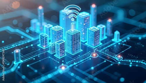 Futuristic cityscape with digital connectivity, highlighting smart city infrastructure.