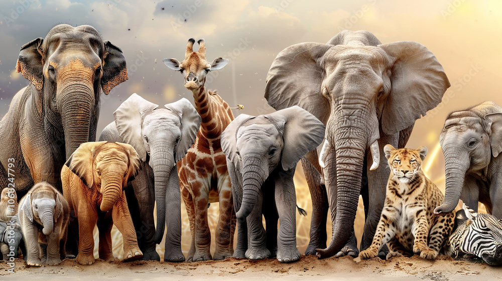 Fototapeta premium A group of diverse African animals, including elephants, a giraffe, a zebra, a leopard, and a monkey, stand together in a field.