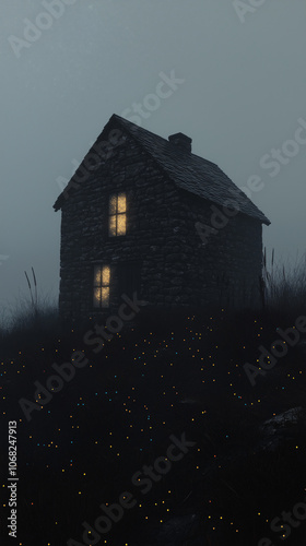 Quaint rustic cabin warm glowing windows misty background dark forest under night sky, ambiance nostalgic, cozy,introspective autumn winter,soft,wallpaper,backdrop,horror,haunted,moody,magic,misty